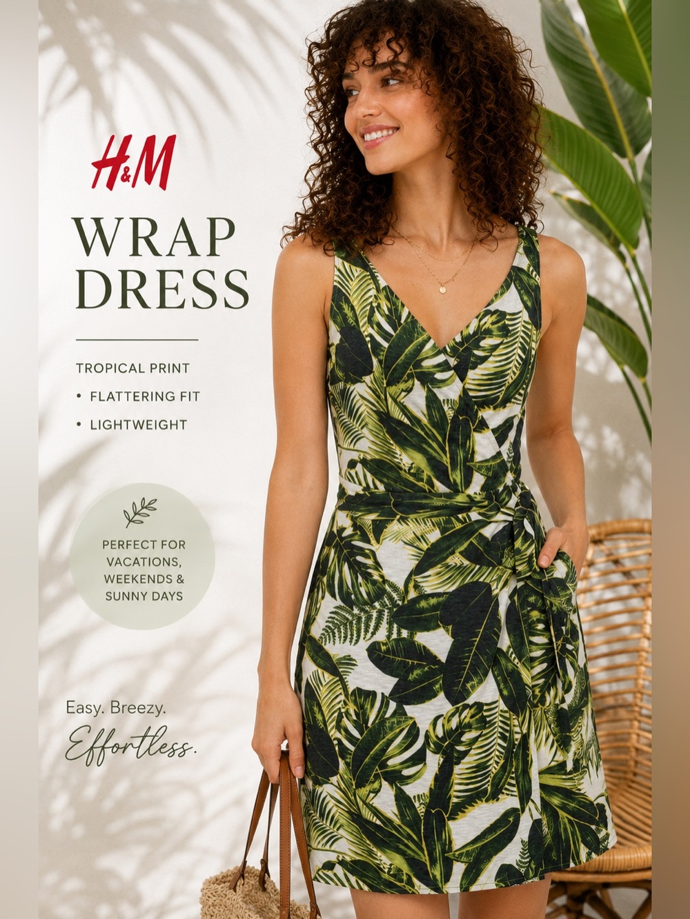 🌴 H&M | L | Tropical Leaf Print | Wrap Dress | Green & White 🌴
